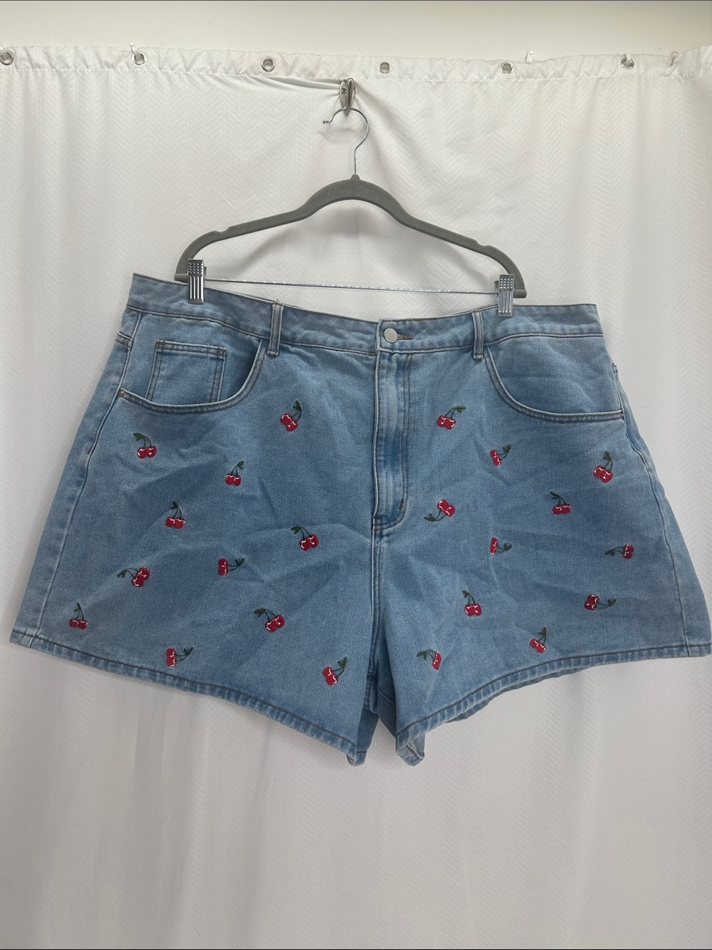 Cider Light Blue Denim Shorts with Red Cherry Embroidery